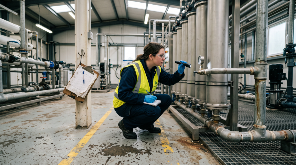 Technician in safety vest inspecting industrial membrane filtration housings