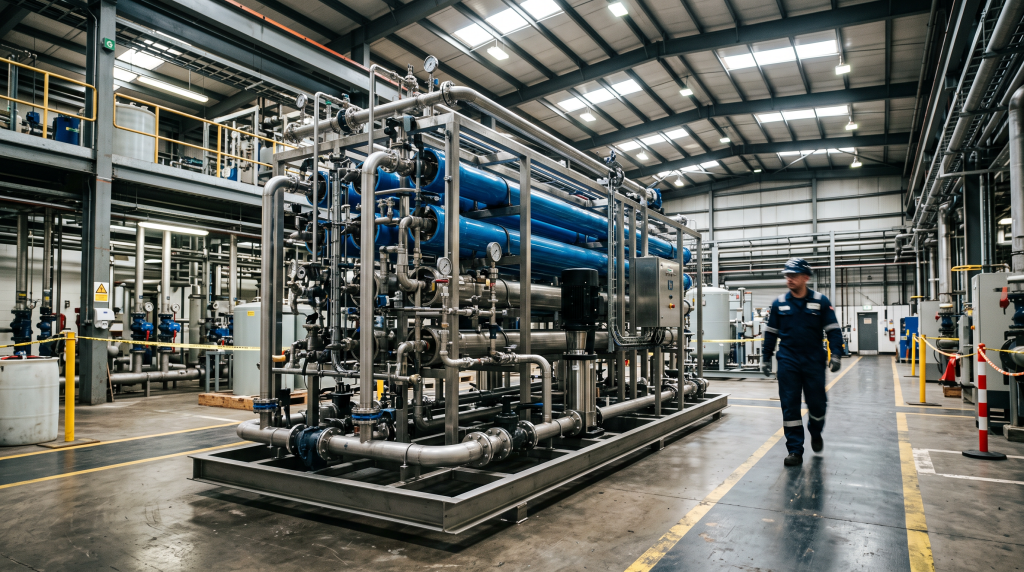 Industrial RO desalination skid in an industrial facility