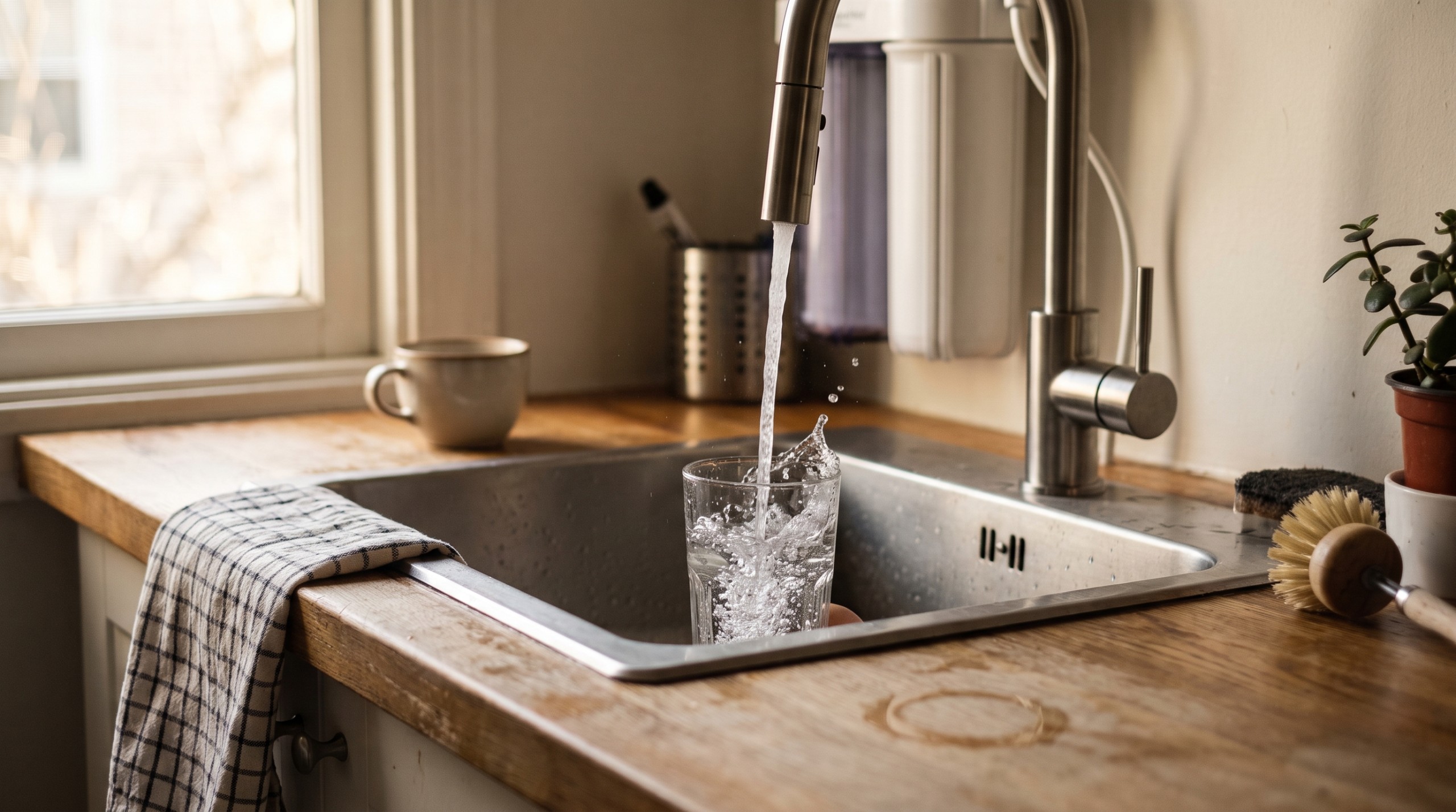 Clear glass filling with tap water at a kitchen sink under natural morning light