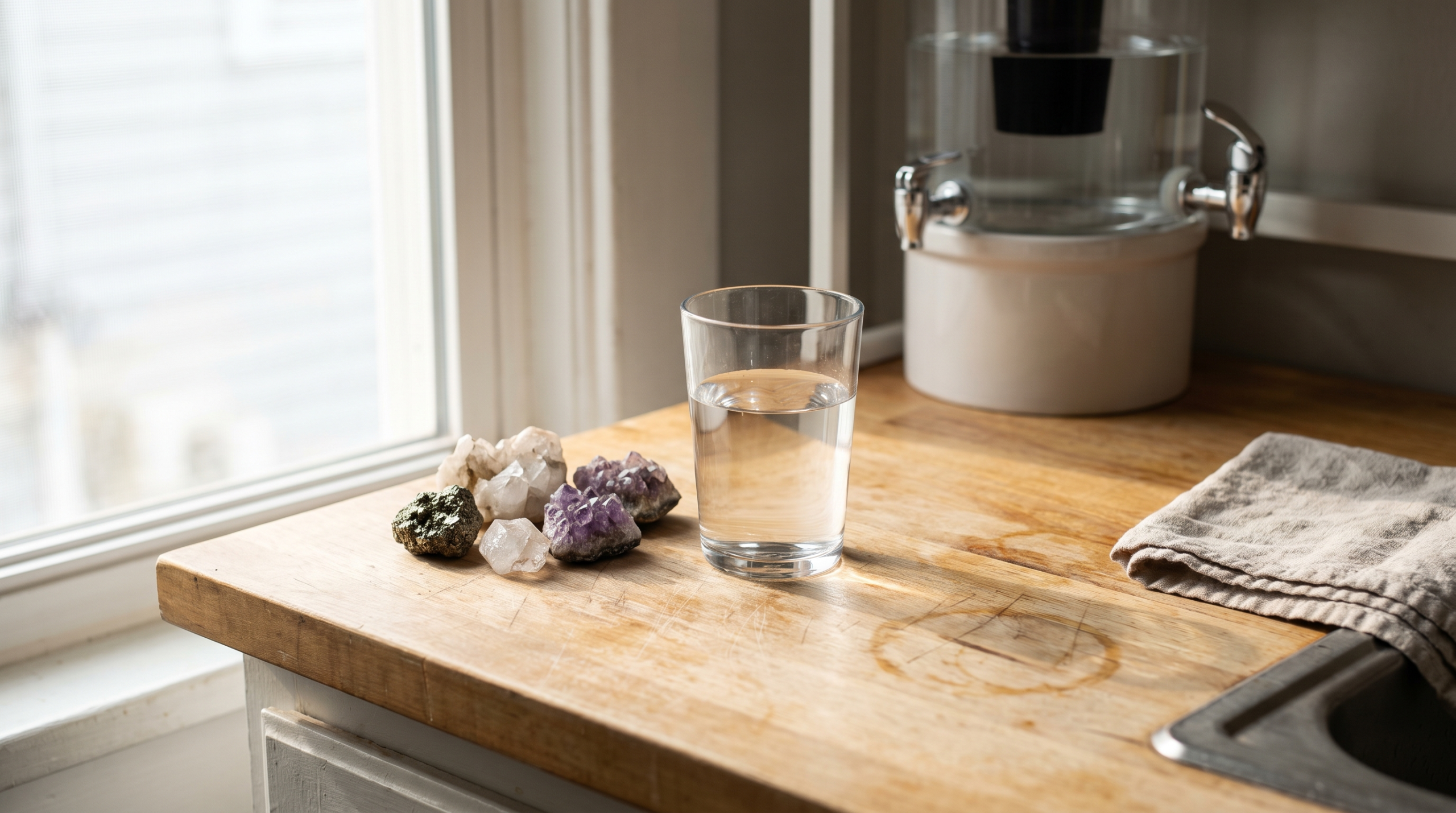 Glass of purified water beside natural mineral stones on a kitchen counter