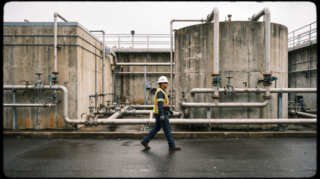 Municipal water treatment facility exterior with a technician walking past