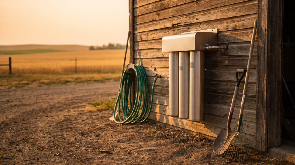 Stainless-steel well water treatment unit mounted on a farmhouse exterior wall at golden hour