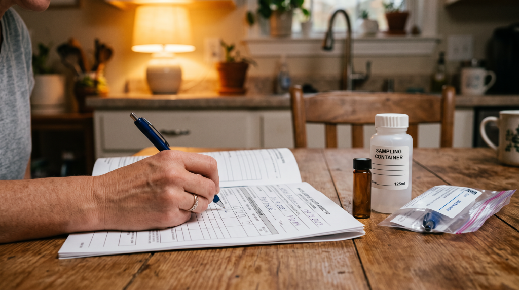 Hand filling out well testing paperwork next to a sample kit