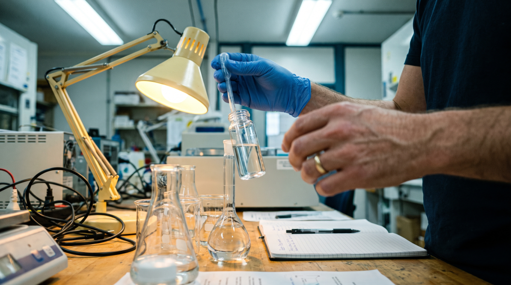 Lab technician handling a water sample vial near glassware