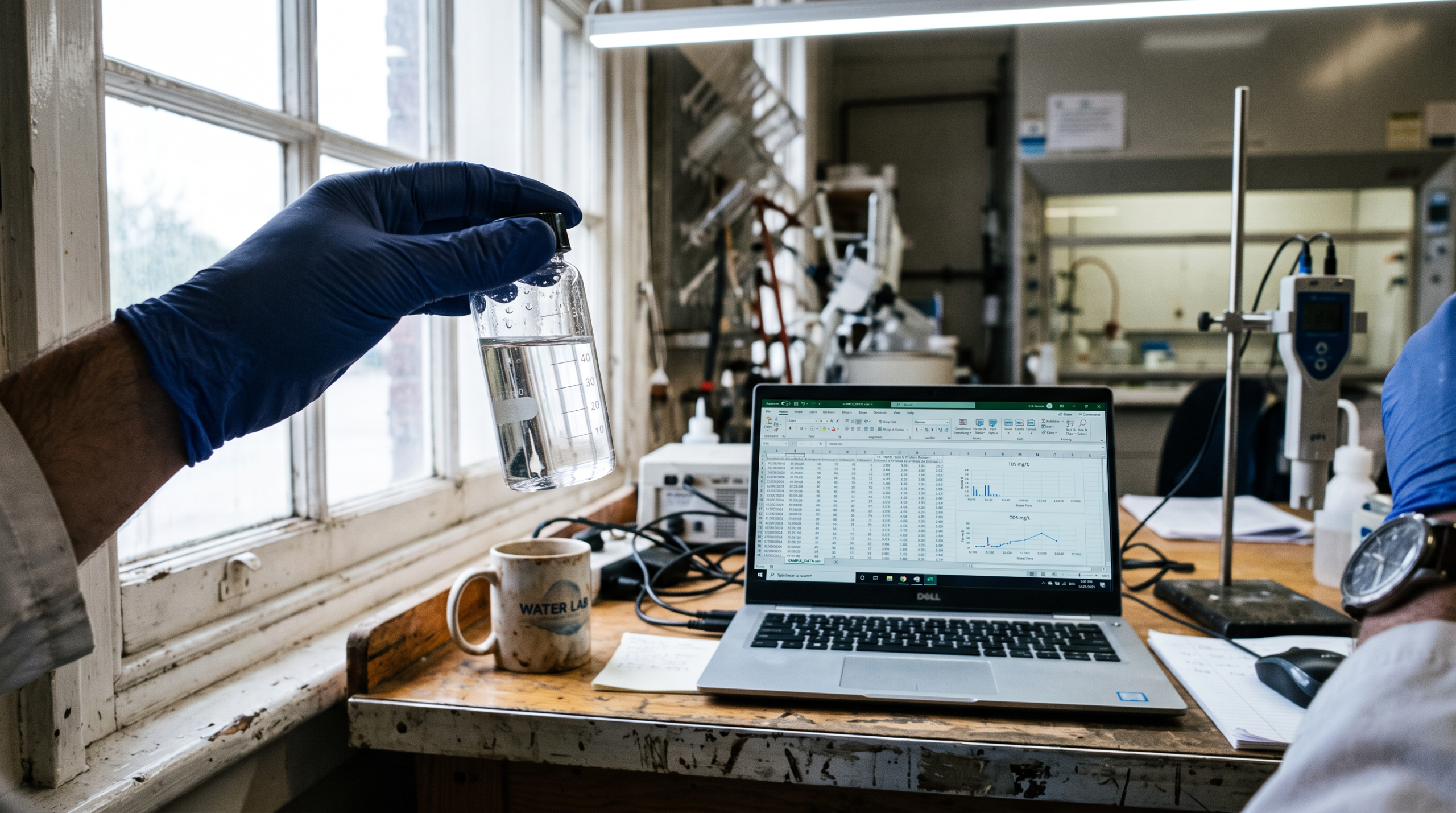 Gloved lab technician holding a water sample vial for PFAS and endocrine disruptor testing