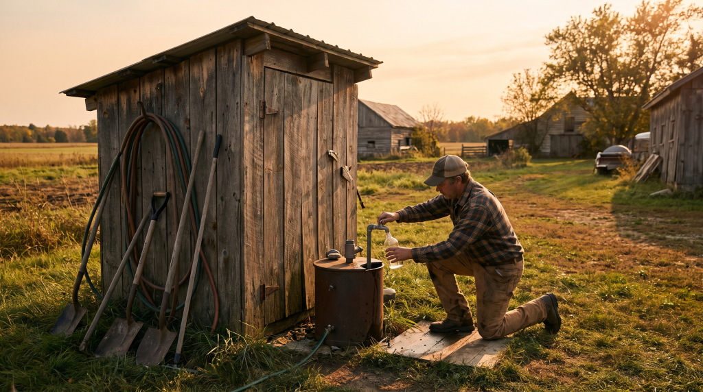 Technician taking a water sample at a rural wellhouse at golden hour