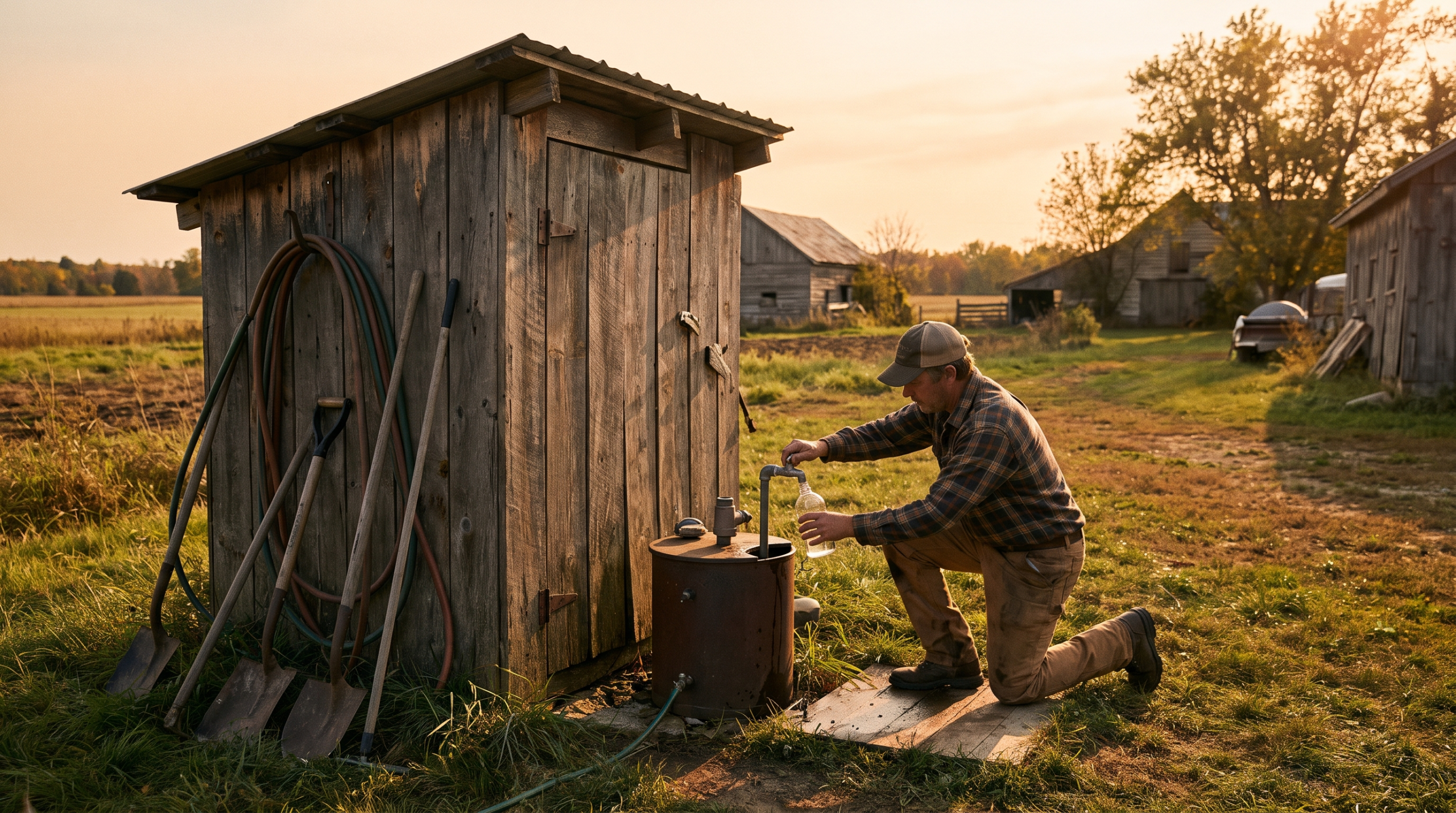 Technician taking a water sample at a rural wellhouse at golden hour