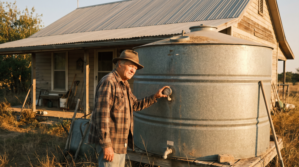 Person checking a rural home water cistern gauge at golden hour