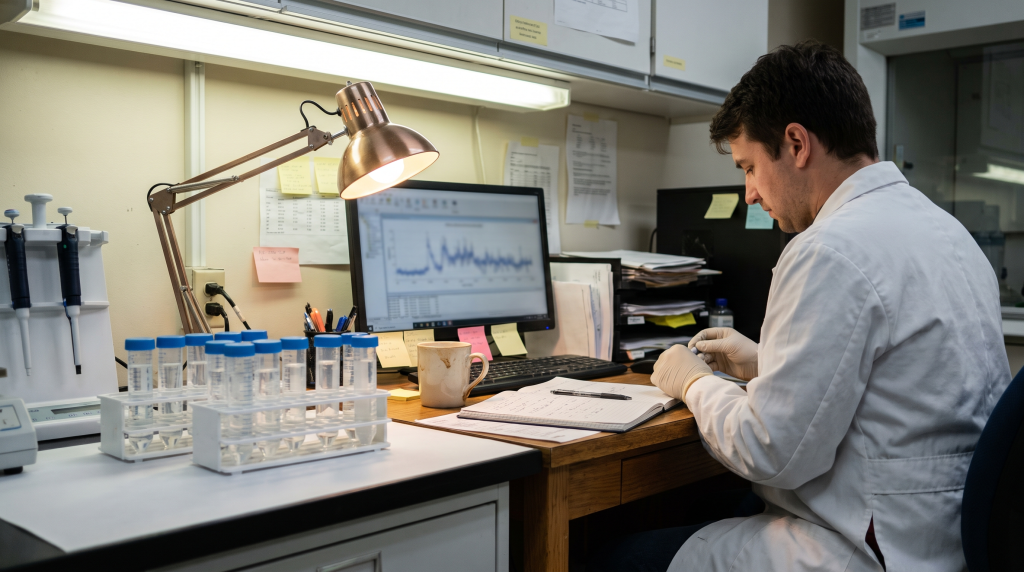 Lab technician at a workstation with water sample tubes and a data monitor