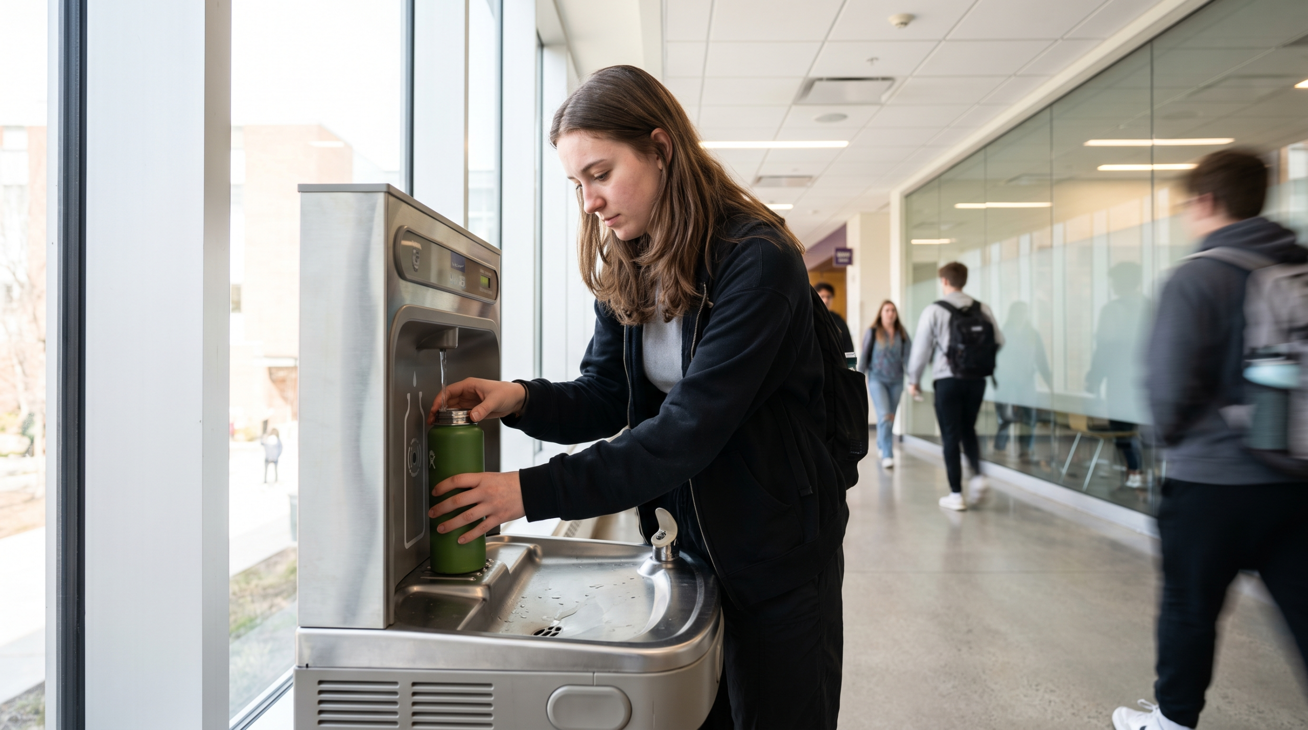 Student refilling a reusable bottle at a modern stainless-steel water filling station on a college campus