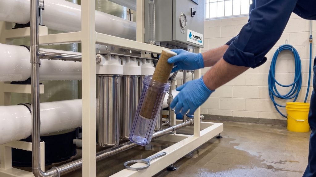 Technician removing a fouled sediment cartridge from an AMPAC USA commercial reverse osmosis pre-filter housing