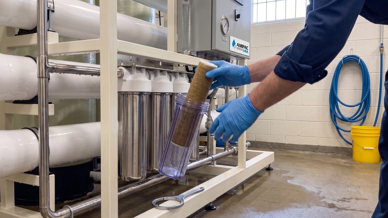 Technician removing a fouled sediment cartridge from an AMPAC USA commercial reverse osmosis pre-filter housing
