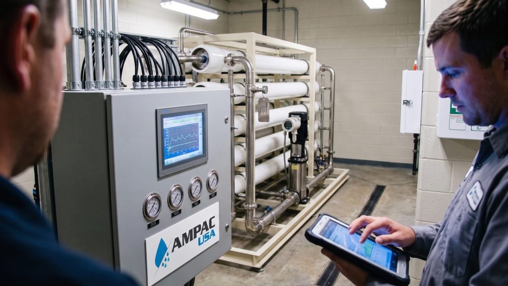 Plant operator checking reverse osmosis performance trends on an AMPAC USA control panel and tablet