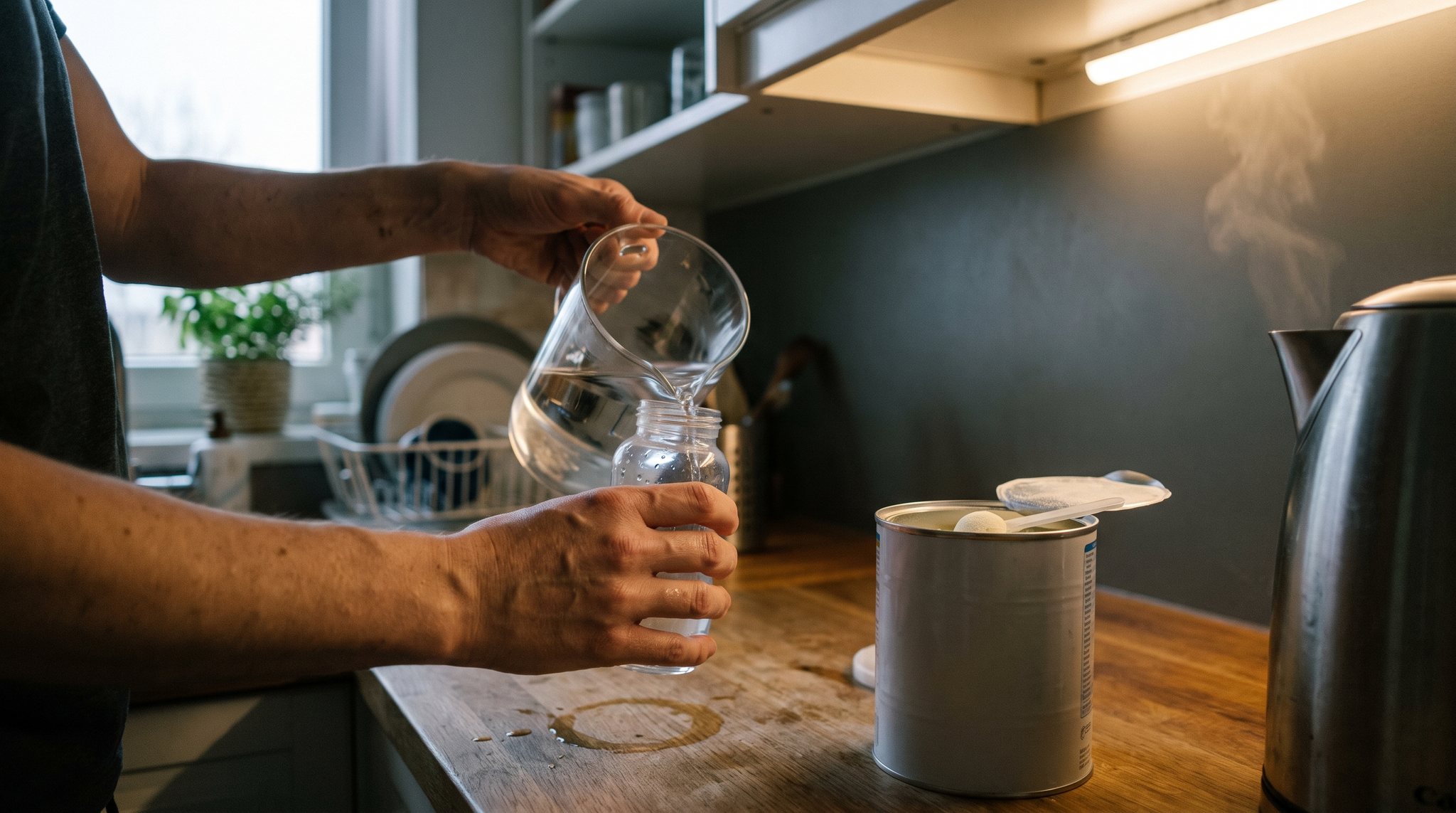 Parent pouring water from a glass pitcher into a bottle beside an open formula tin and a steaming kettle