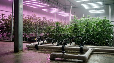 Irrigation manifold feeding a commercial cannabis grow room