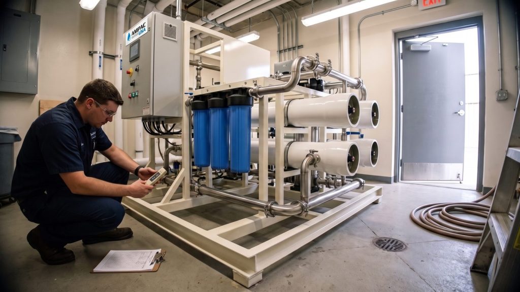 Service technician checking TDS on an AMPAC USA commercial reverse osmosis skid during scheduled maintenance