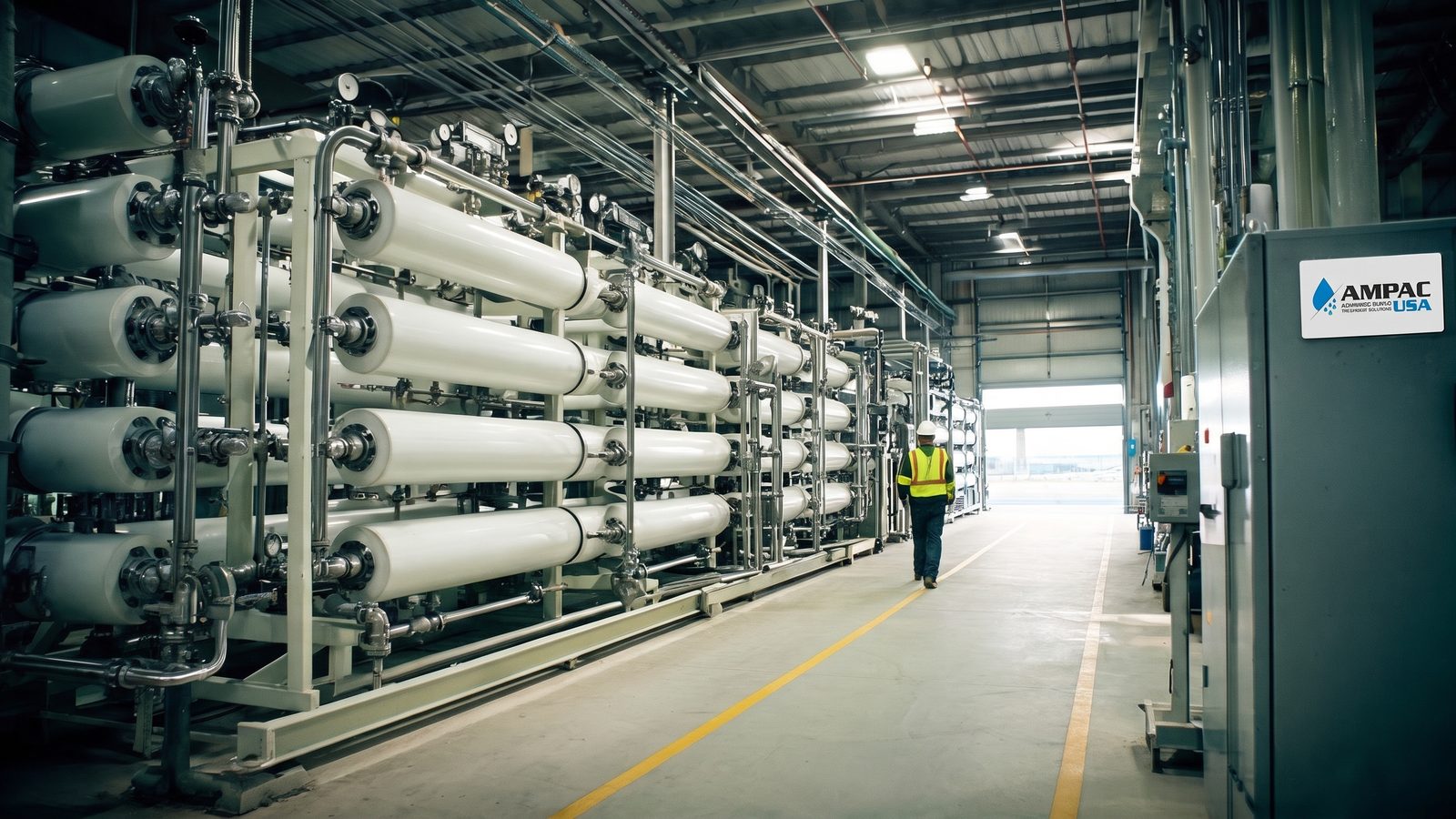 Operator walking the aisle beside an AMPAC USA commercial reverse osmosis train in a coastal desalination plant