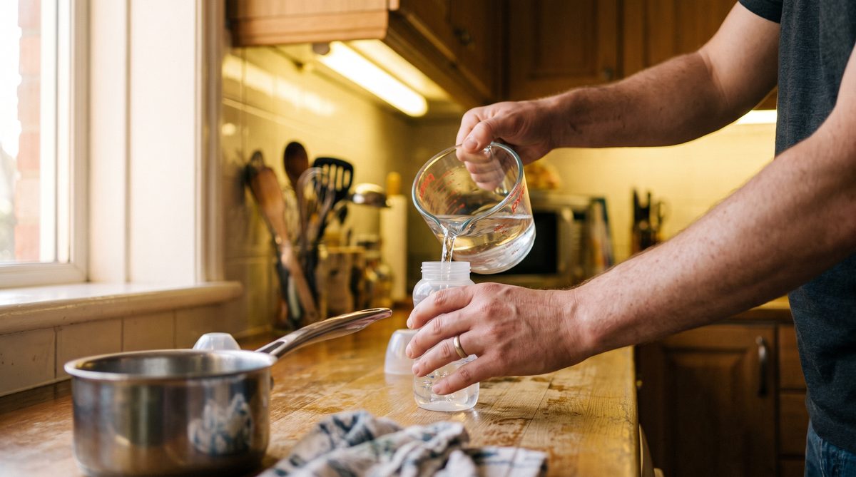 Parent pouring purified water into an infant formula bottle at a kitchen counter