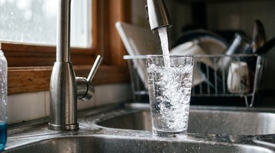 Glass of tap water being filled at a kitchen sink