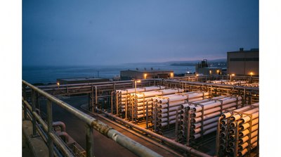 Large seawater desalination plant on the coast at dusk