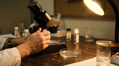 Researcher examining a water sample for microplastics under a microscope