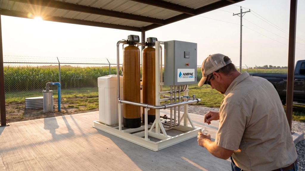 Utility operator collecting a water sample at an AMPAC USA nitrate treatment skid beside a corn field
