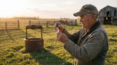 Farmer testing well water for nitrates beside a well head
