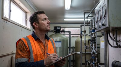 Facility manager reviewing commercial water treatment equipment