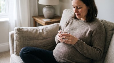 Pregnant woman holding a glass of water while resting