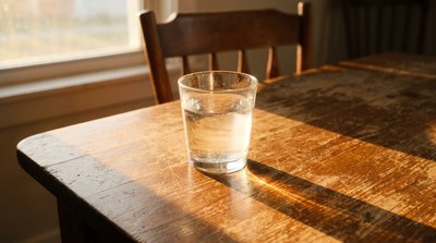 Glass of purified drinking water on a wooden table