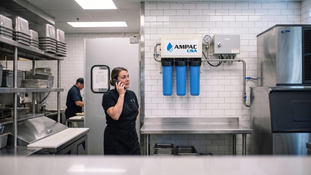 Restaurant manager on the phone beside a wall-mounted AMPAC USA commercial reverse osmosis unit feeding the ice machine