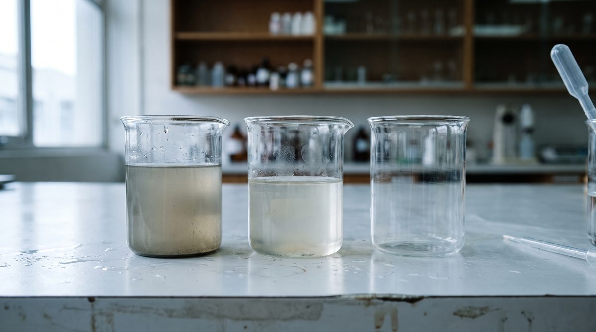 Beakers comparing untreated and reverse osmosis filtered water clarity