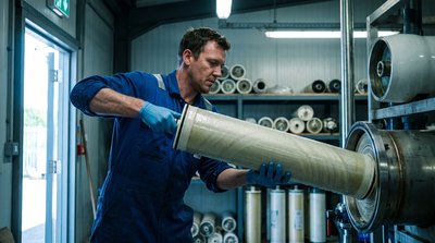 Technician replacing a spiral wound reverse osmosis membrane element