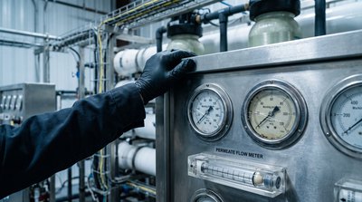 Pressure gauges and flow meter on a reverse osmosis control panel