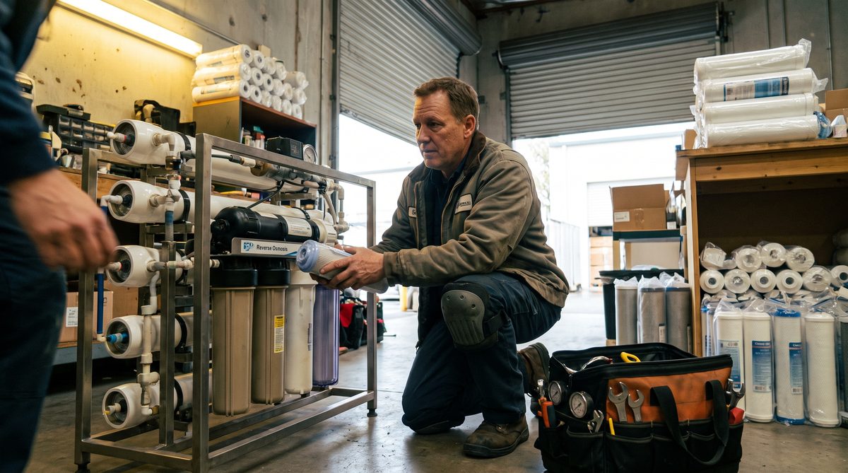 Service technician troubleshooting a commercial reverse osmosis system