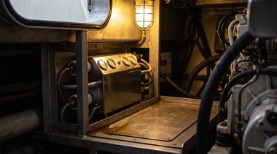 Compact marine seawater desalination watermaker in a boat engine room