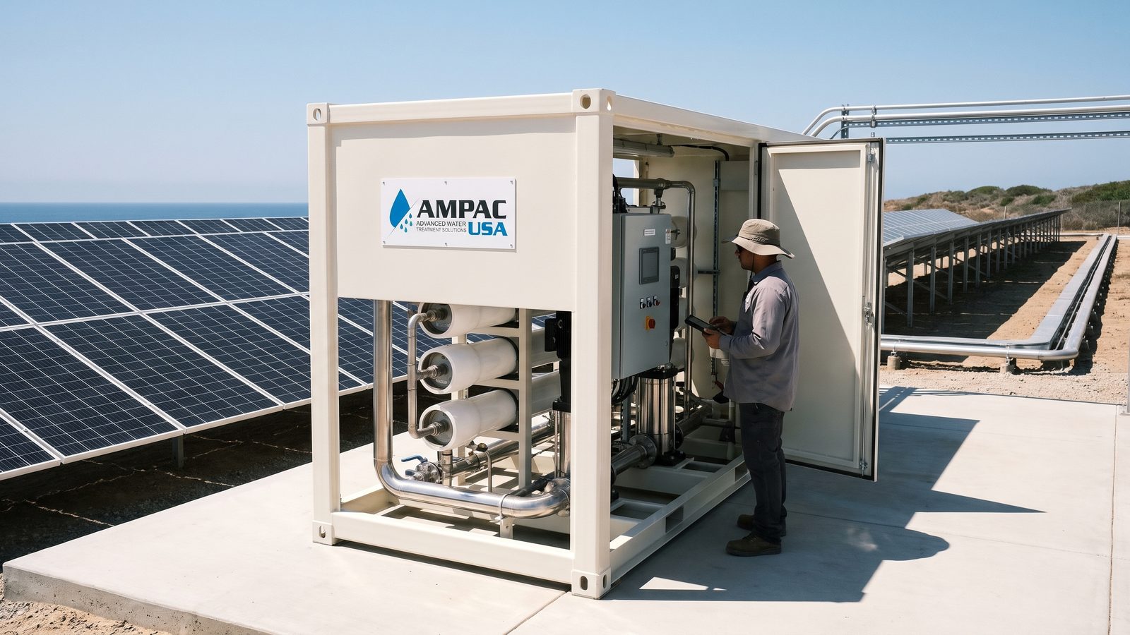 Technician checking a containerized AMPAC USA reverse osmosis desalination unit beside a solar array on the coast