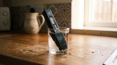Digital TDS tester measuring the dissolved solids in a glass of water