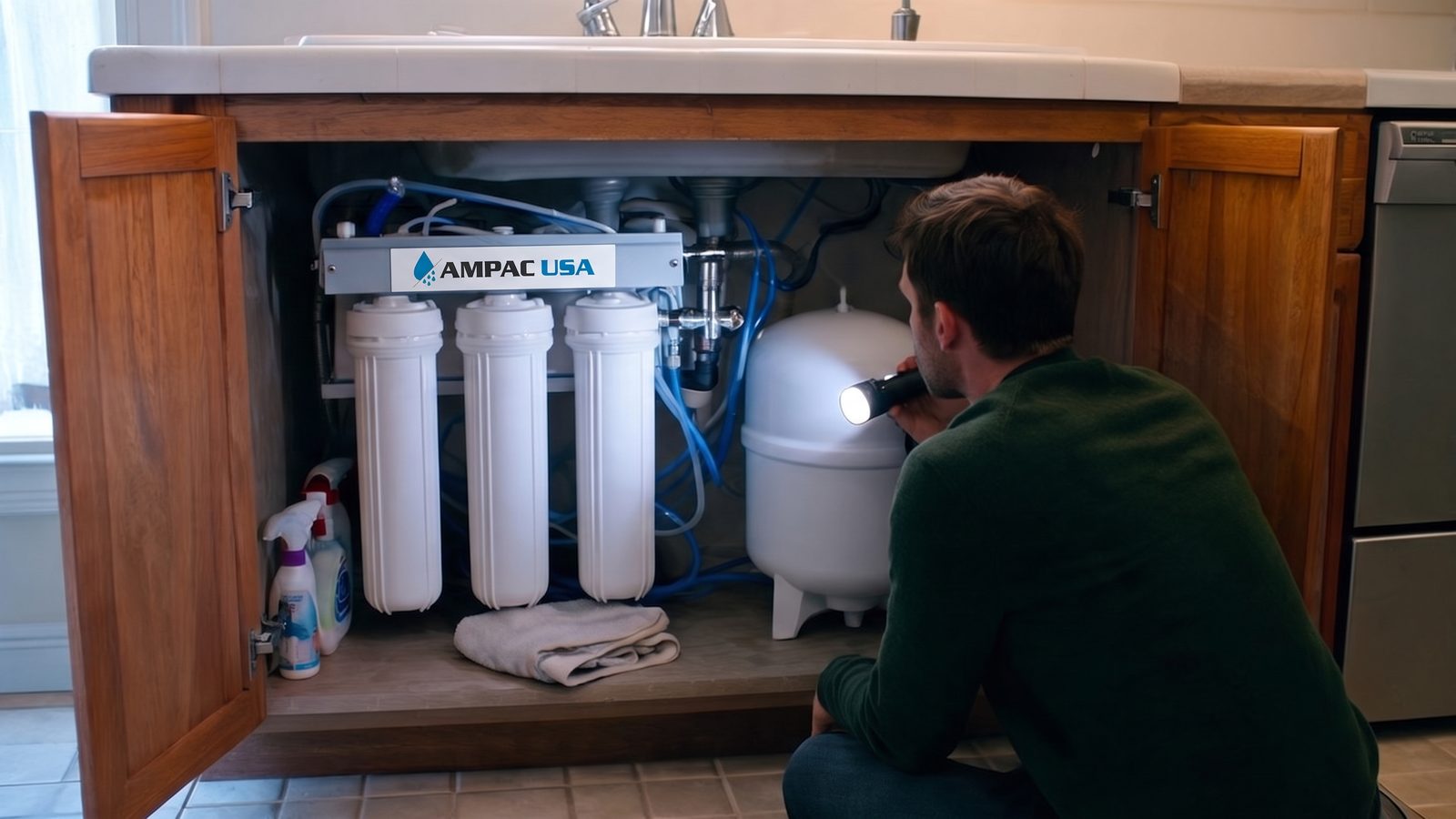 Homeowner inspecting an AMPAC USA under-sink reverse osmosis system with filter housings and storage tank