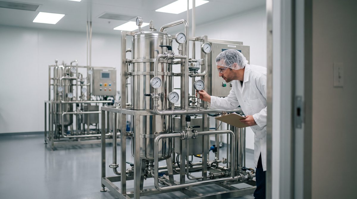 Operator checking a gauge on a pharmaceutical grade water purification skid