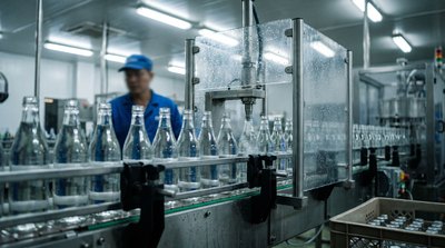 Bottles being filled on a small scale water bottling line