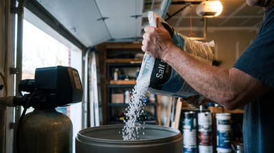 Homeowner refilling a water softener brine tank with salt pellets