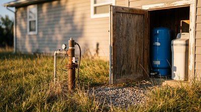 Private well head supplying a household water softener
