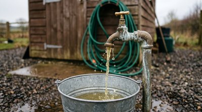 Well water running from an outdoor tap showing discolouration