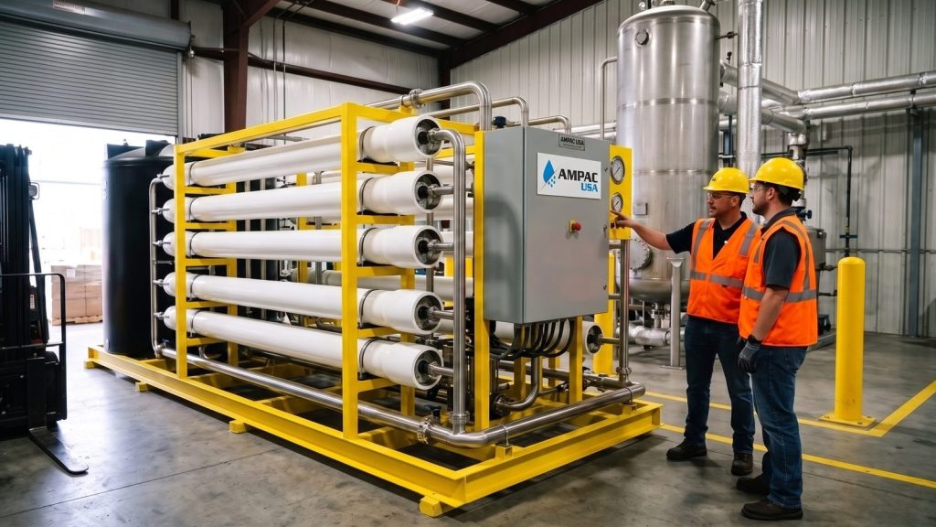 Engineers reviewing an AMPAC USA reverse osmosis brine-concentration skid on a manufacturing plant floor