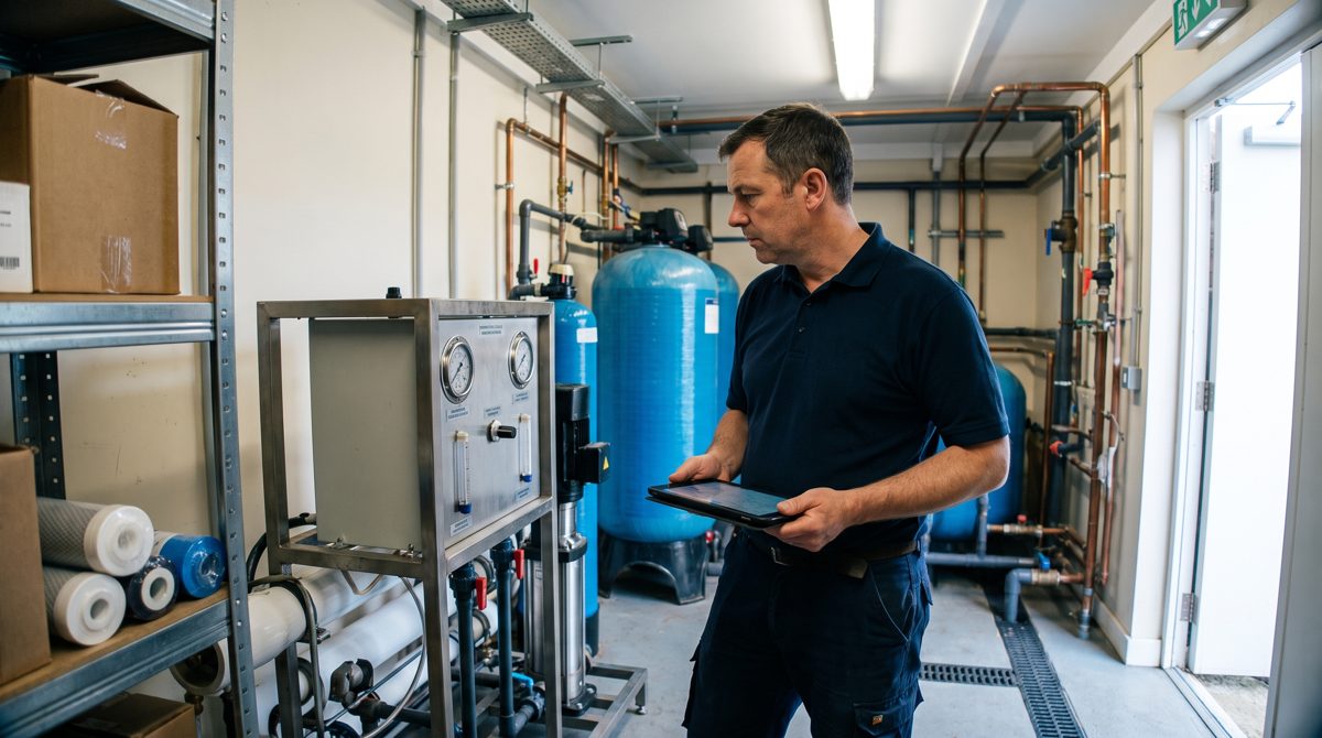 Facilities manager checking gauges on a commercial reverse osmosis system in a plant room