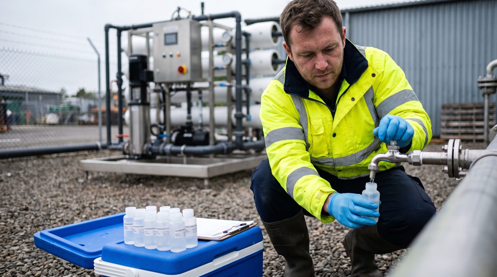 Technician filling a sample bottle from a sampling tap beside a skid-mounted reverse osmosis unit
