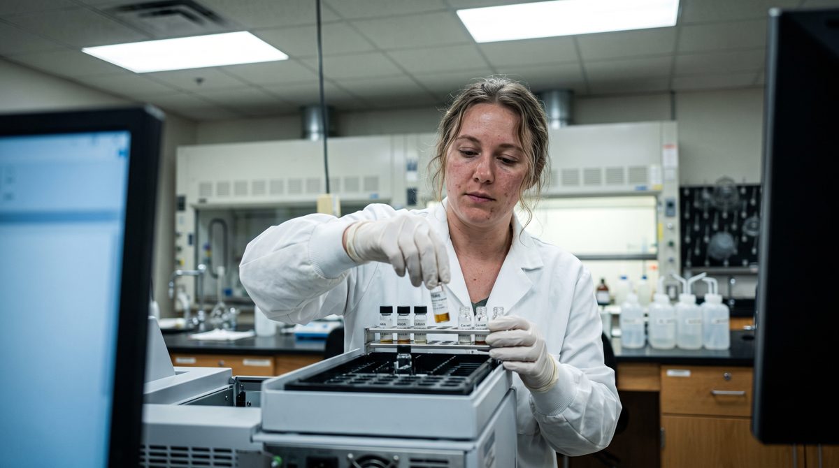 Water quality analyst loading sample vials into an analytical instrument in a testing lab