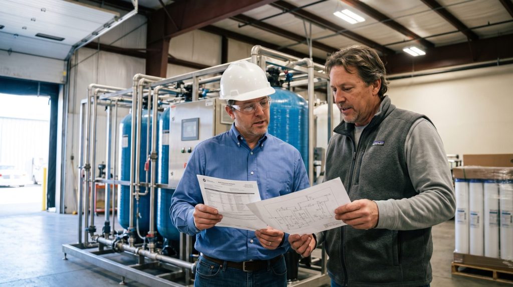 Plant engineer and facilities manager reviewing a water analysis report beside a skid-mounted water treatment plant
