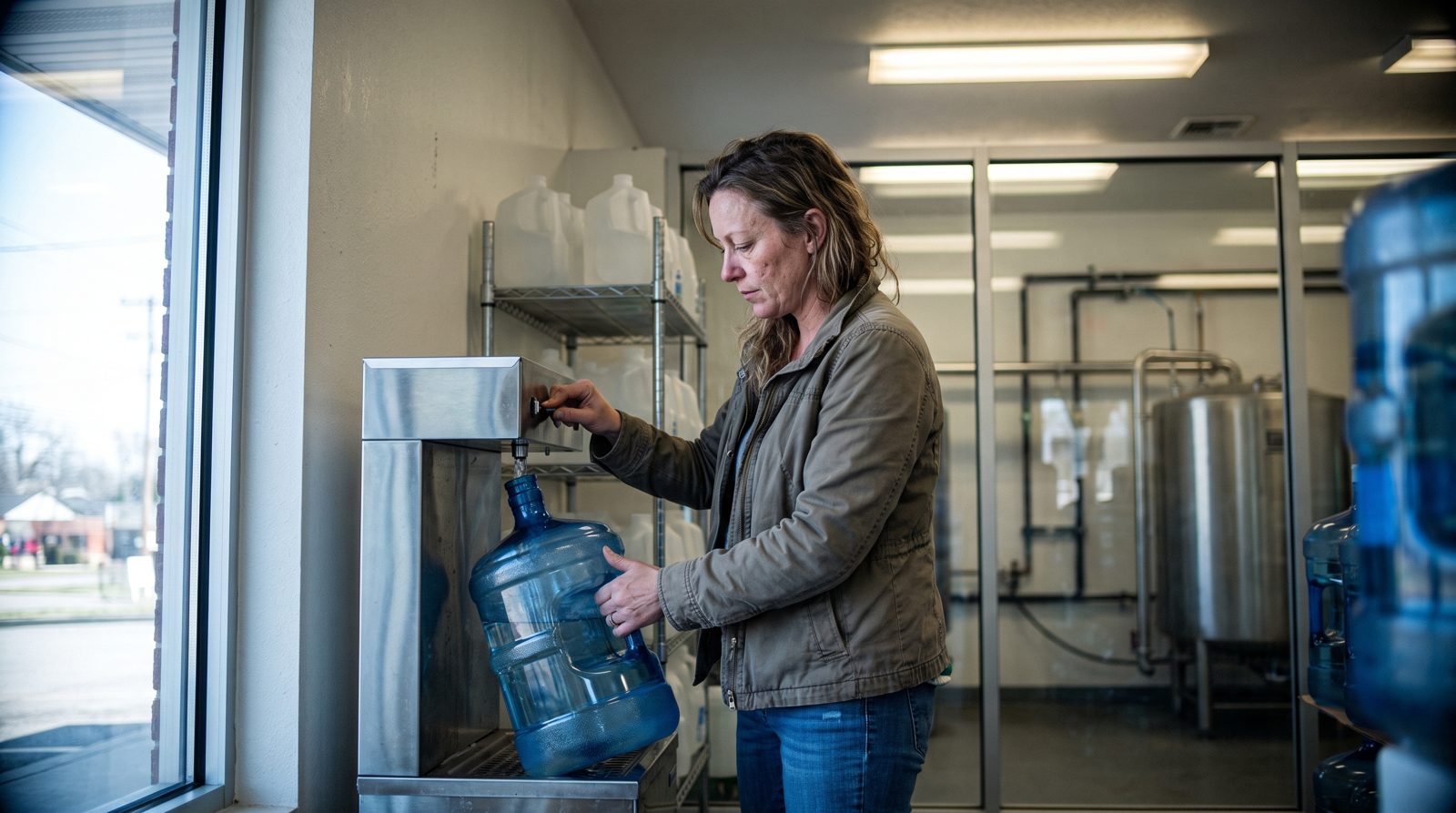 Woman filling a five-gallon jug at a stainless refill station in a water store